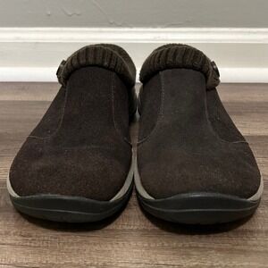 Bass Women's Clogs 8M Brown Leather Suede ITO Knit Collar Button Comfort Mules